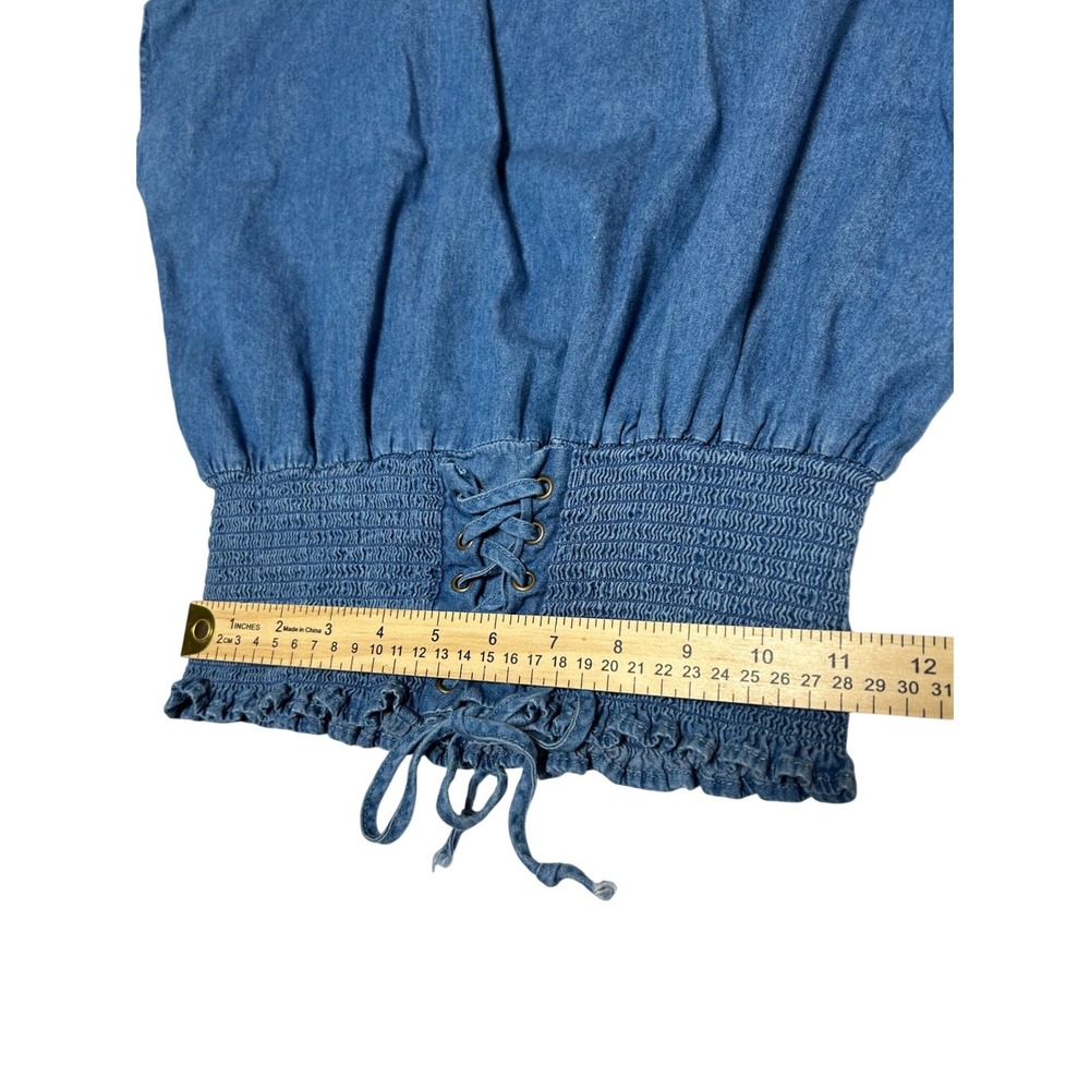 Tea Rose Denim Corset Top Women S Blue Cotton Lace Up Waist Smocked Boho Peasant - Picture 8 of 14